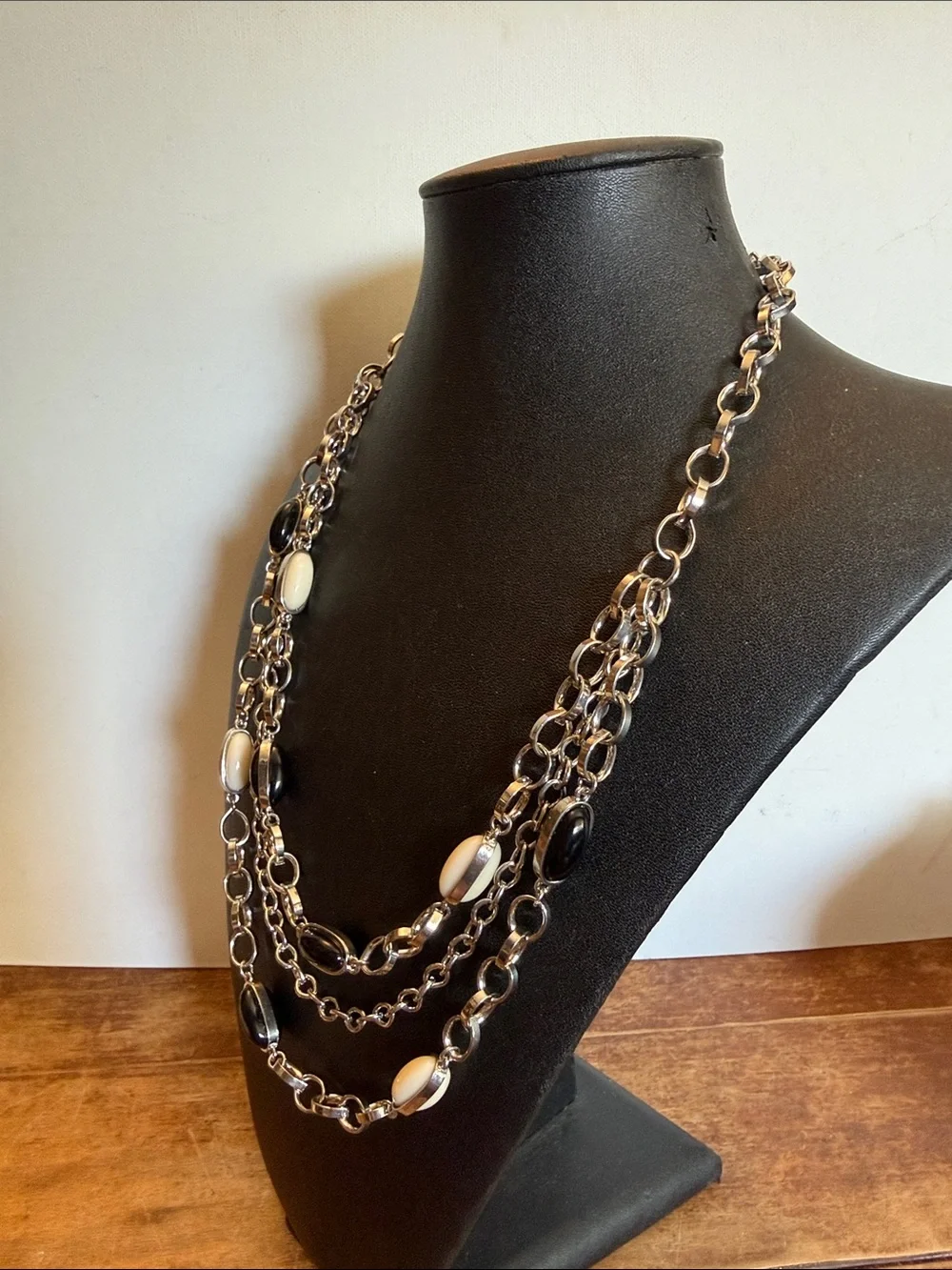 Layered Black and Cream Multi-Strand Silver Tone Necklace - Women Jewelry